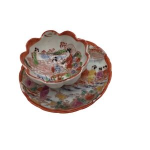 Japanese Porcelain Nut mini bowl and Saucer Set Geisha Garder Hand Painted